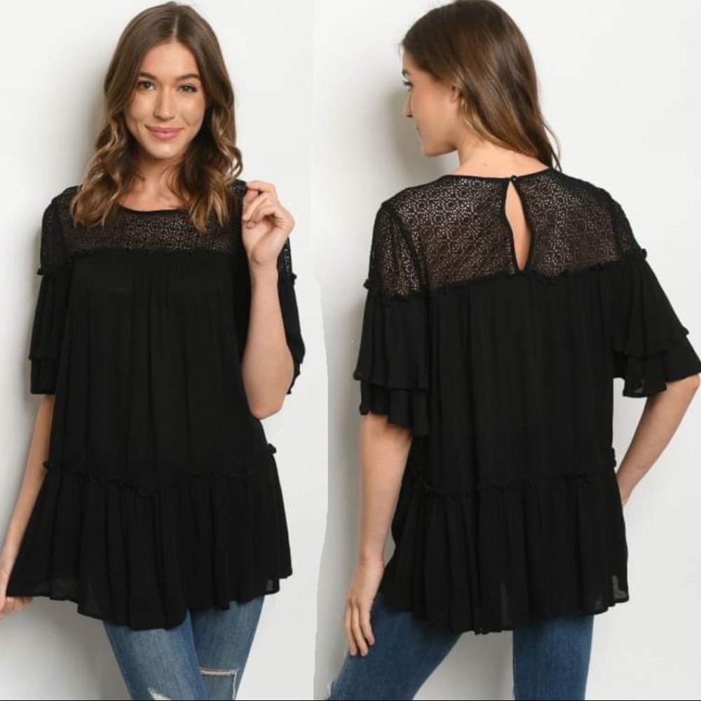 Black Ruffle and Lace Romantic Flutter Blouse
